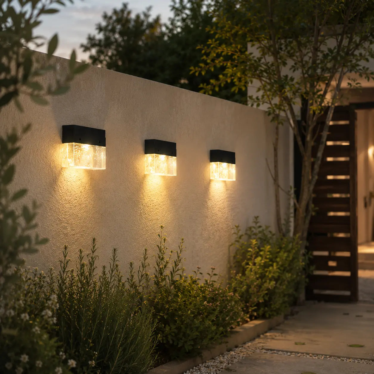 Appliques murales extérieures noires installées sur un mur beige, diffusant une lumière chaude au crépuscule dans un jardin. Image