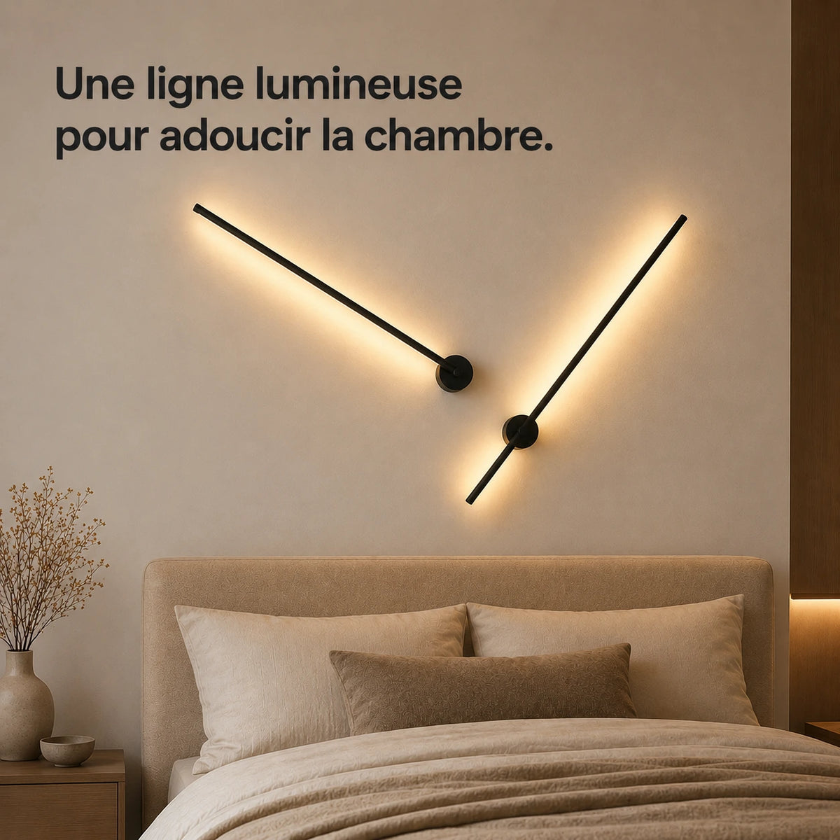 Applique murale chambre LED linéaire allumée au-dessus d'une tête de lit