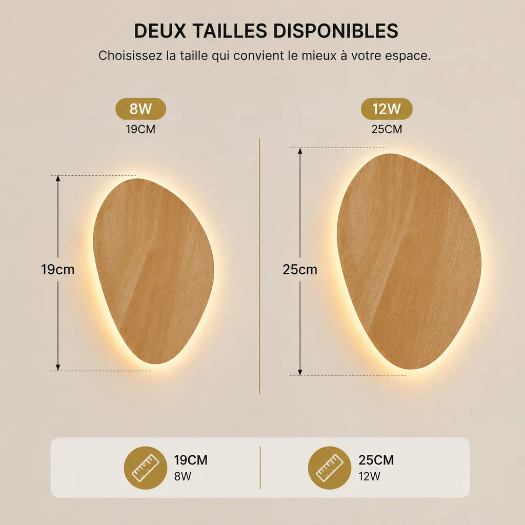 Dimensions applique murale bois galet 19 ou 25 centimètres
