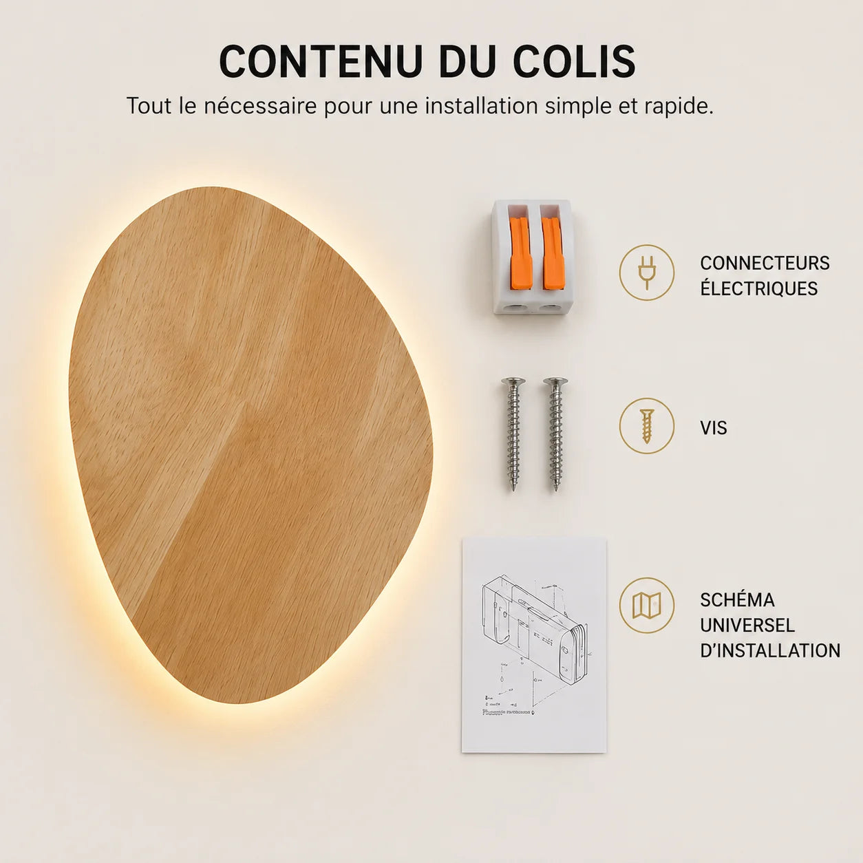 Contenu du colis applique murale bois galet