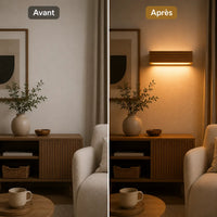 Pièce avant et après applique murale bois lattée