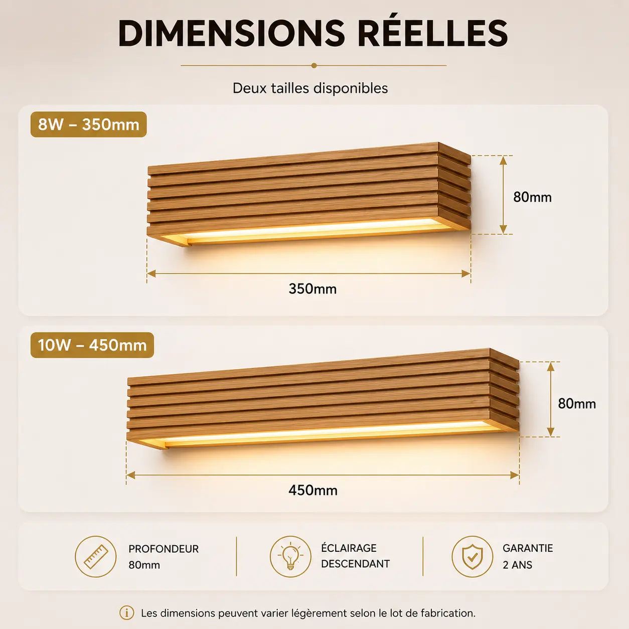 Dimensions applique murale bois lattée 350 ou 450mm