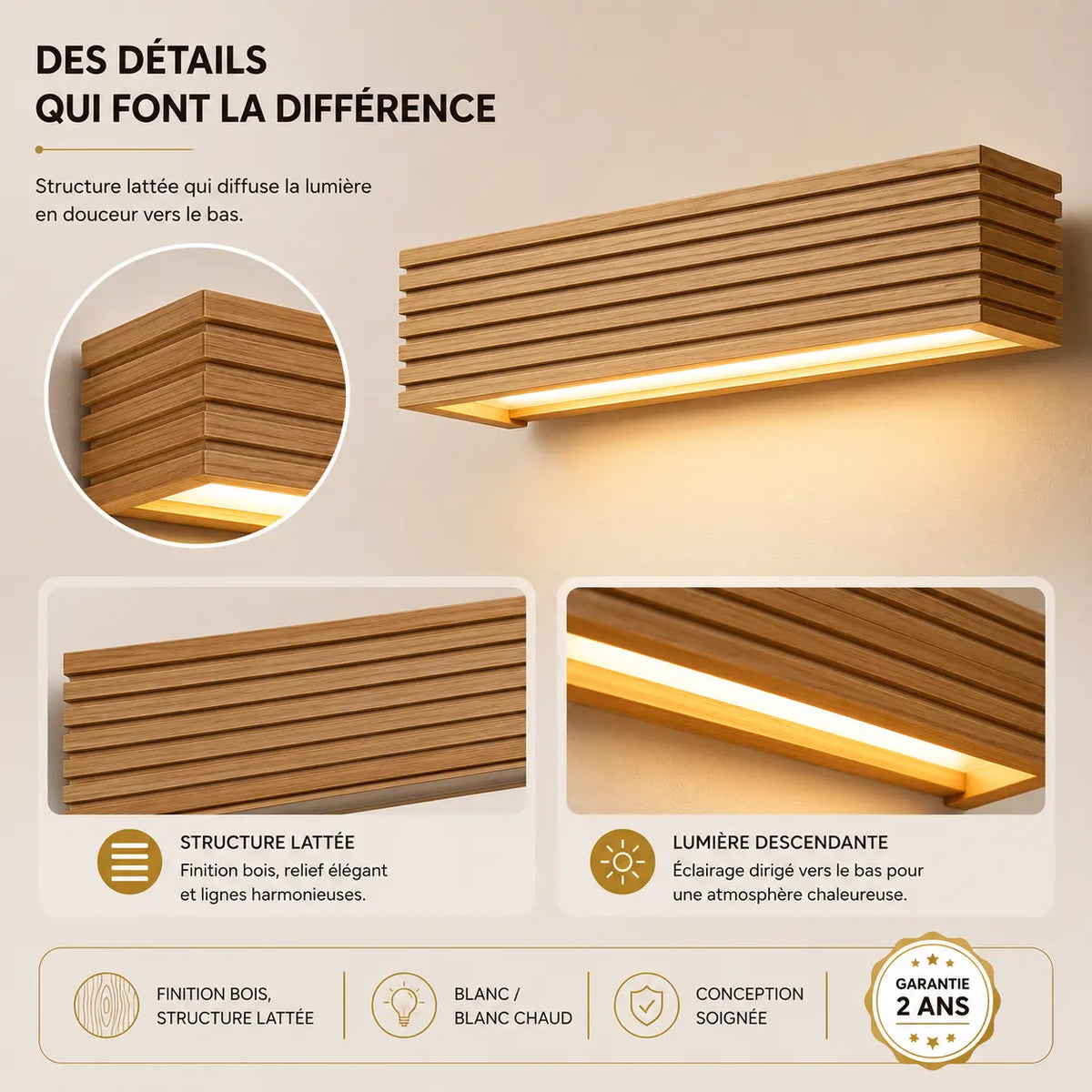Applique murale bois structure lattée, garantie 2 ans