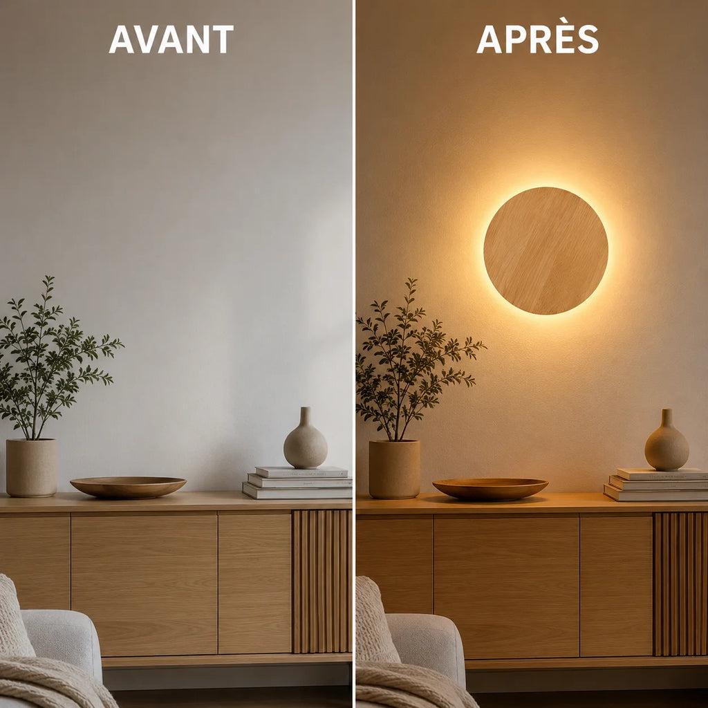 Pièce avant et après applique murale bois ronde