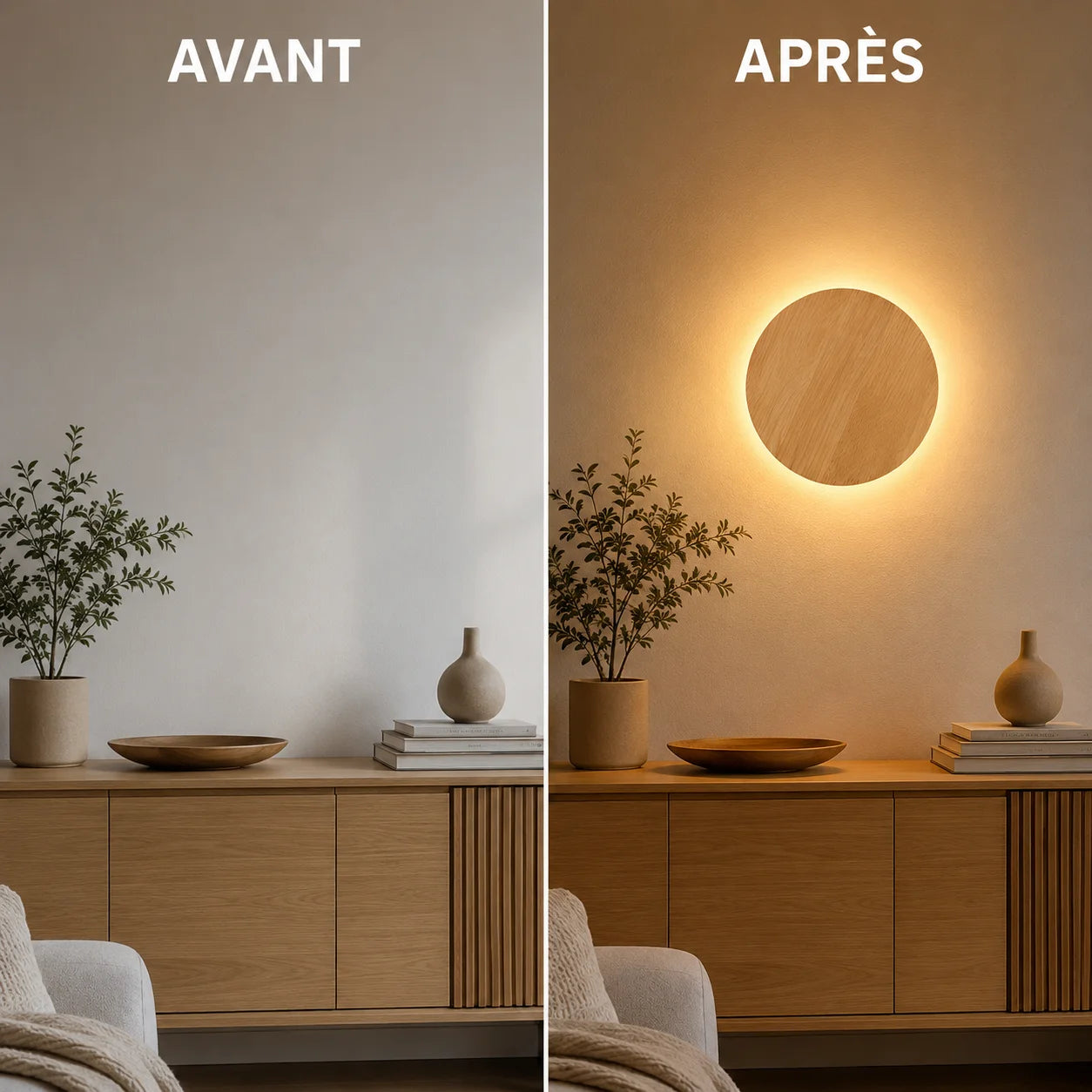 Pièce avant et après applique murale bois ronde