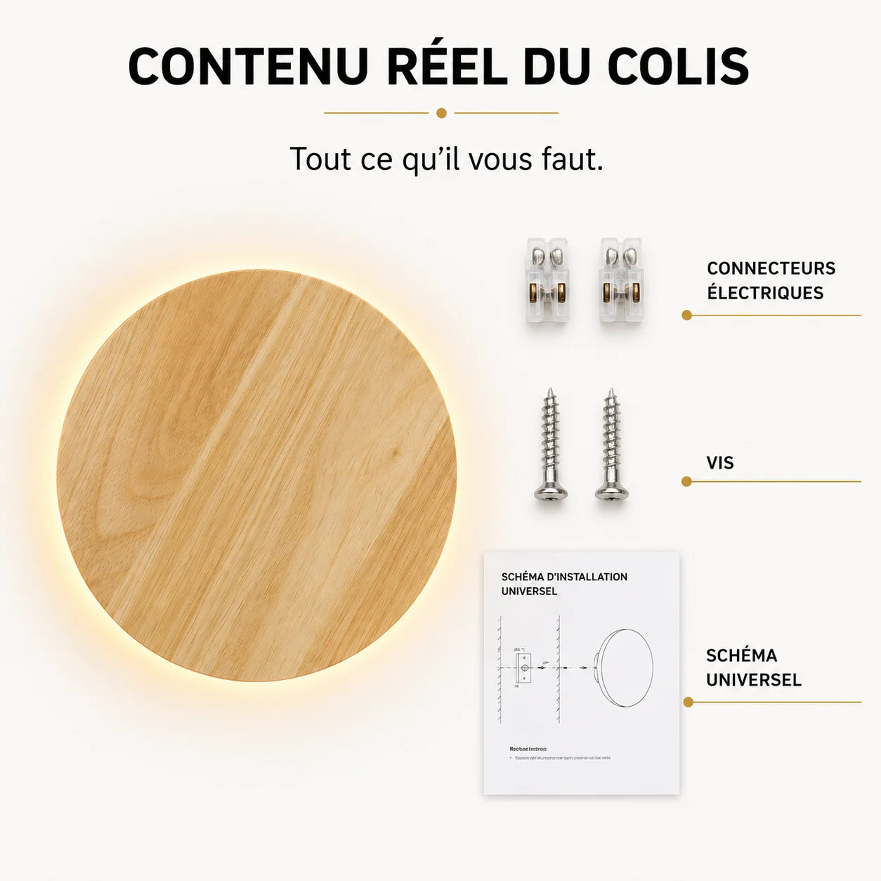 Contenu du colis applique murale bois ronde