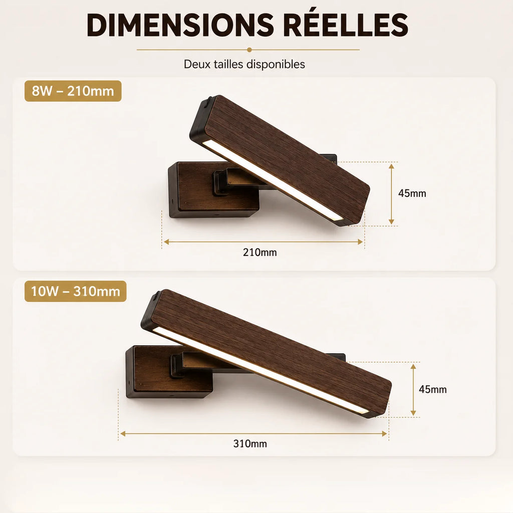 Dimensions applique murale bois rotative 210 ou 310mm