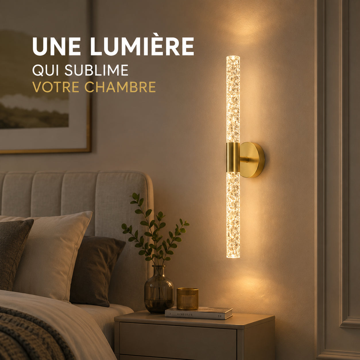 Applique murale chambre anneau lumineux allumé autour d'une tête de lit