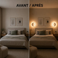 Chambre avant et après installation de l'applique murale anneau lumineux