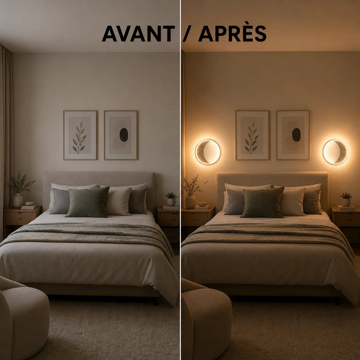 Chambre avant et après installation de l'applique murale anneau lumineux