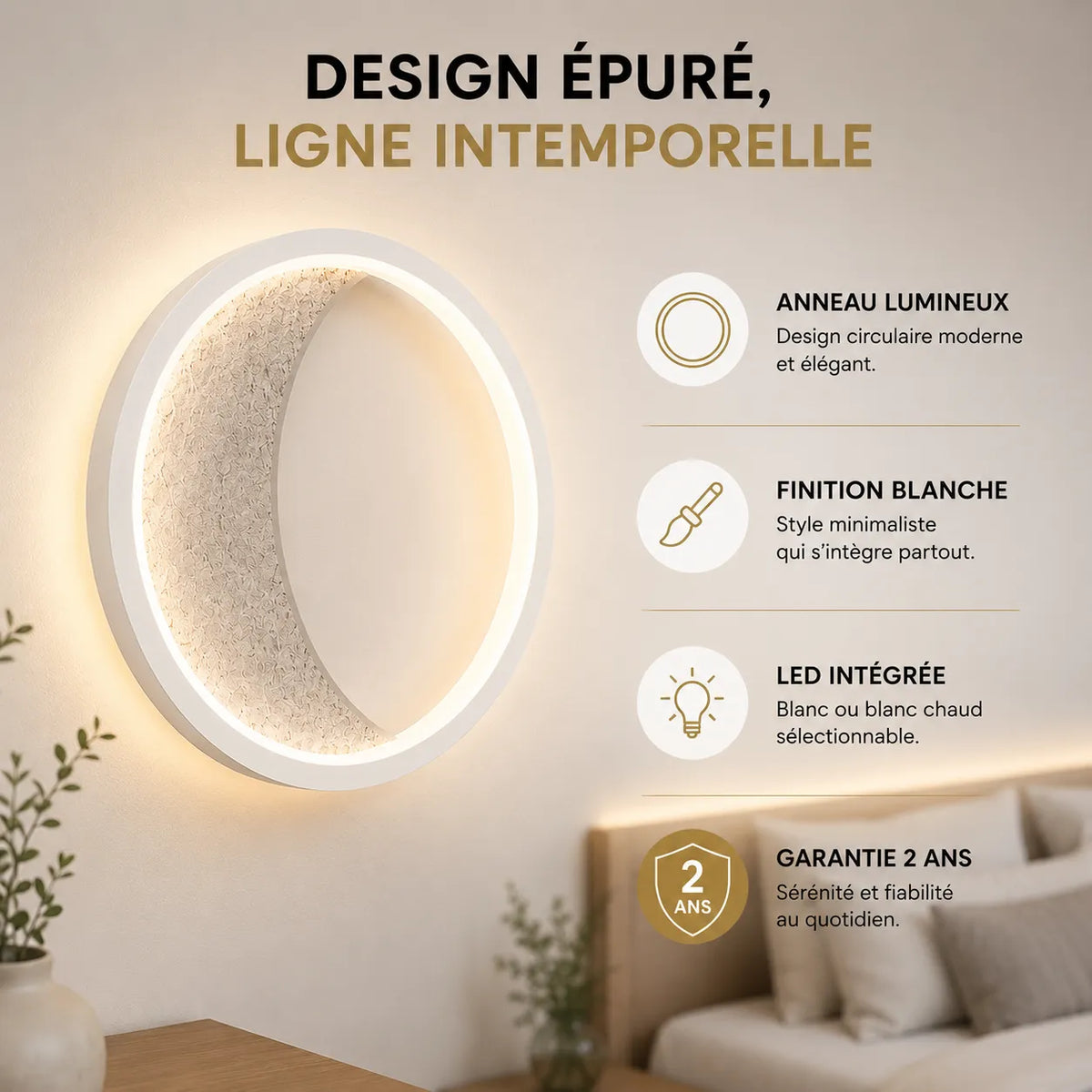 Applique murale chambre anneau lumineux blanc avec garantie 2 ans