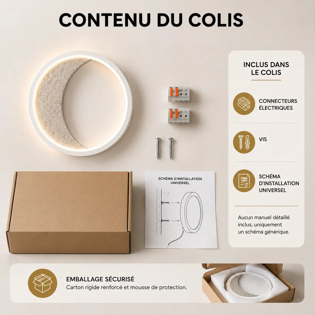 Contenu du colis applique murale chambre : connecteurs, vis et schéma