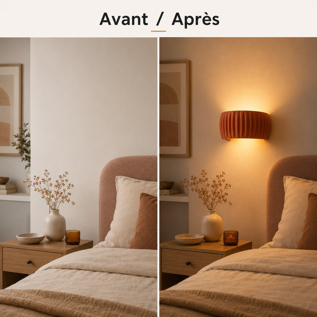 Chambre avant et après installation de l'applique murale cannelée colorée