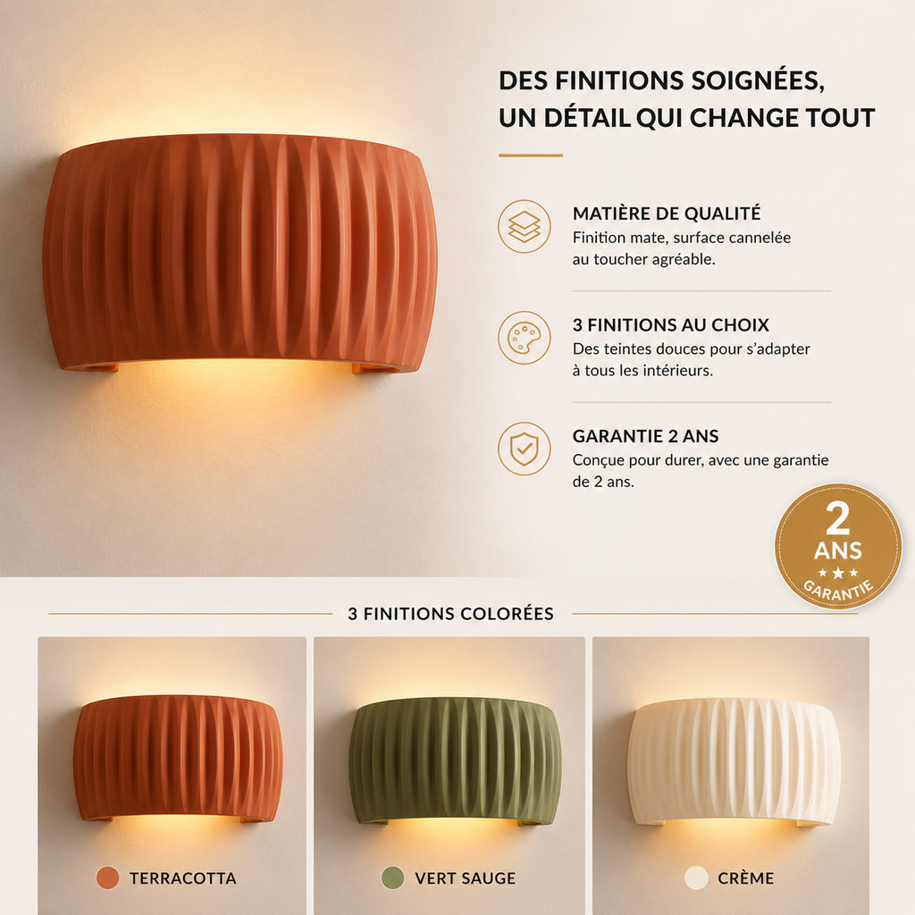 Applique murale chambre cannelée en orange, vert ou crème, garantie 2 ans