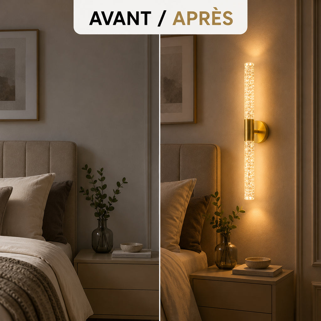 Chambre avant et après installation de l'applique murale effet cristal