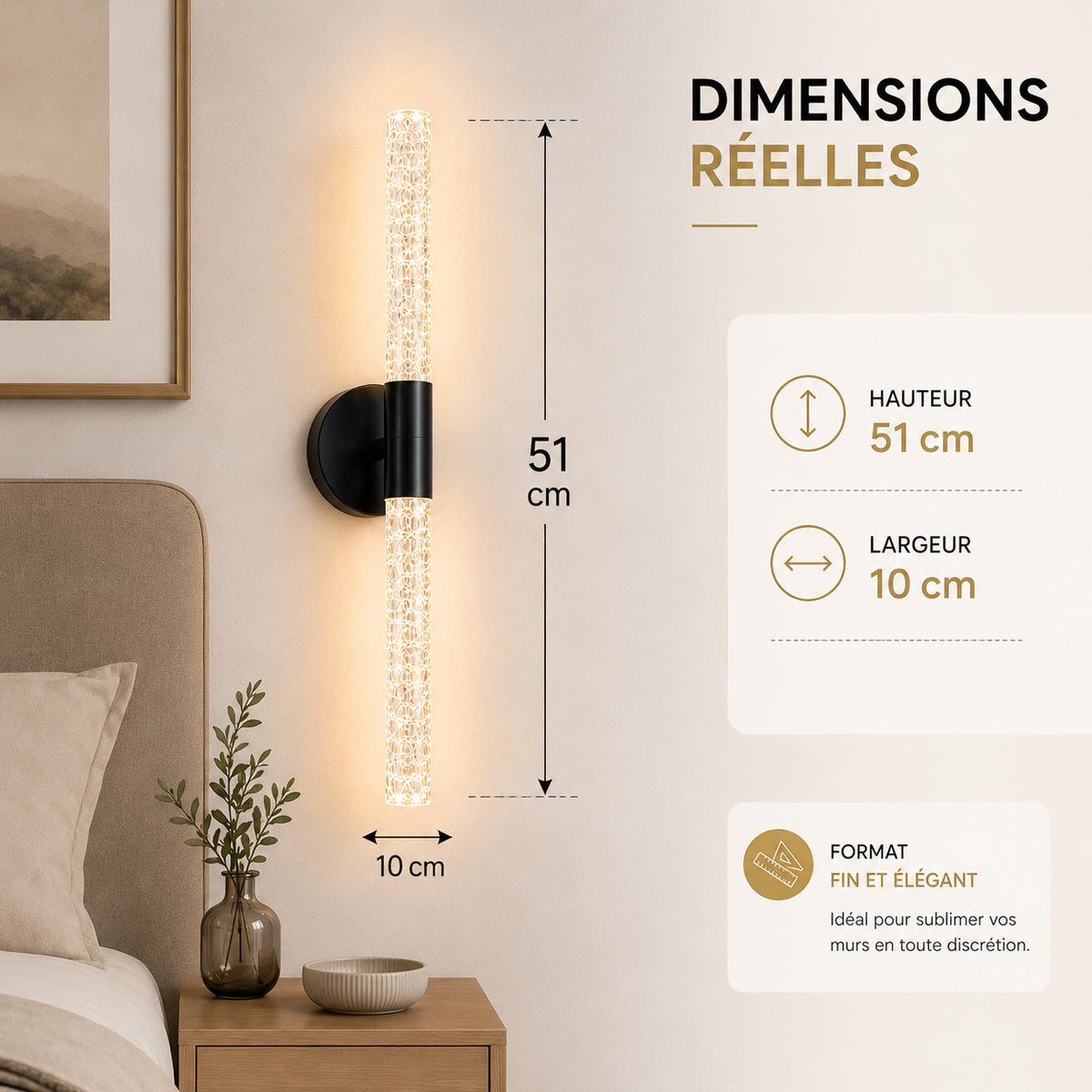 Dimensions applique murale chambre effet cristal : 51 centimètres