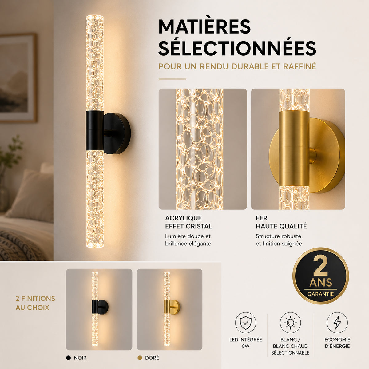 Applique murale chambre effet cristal noir ou doré, garantie 2 ans