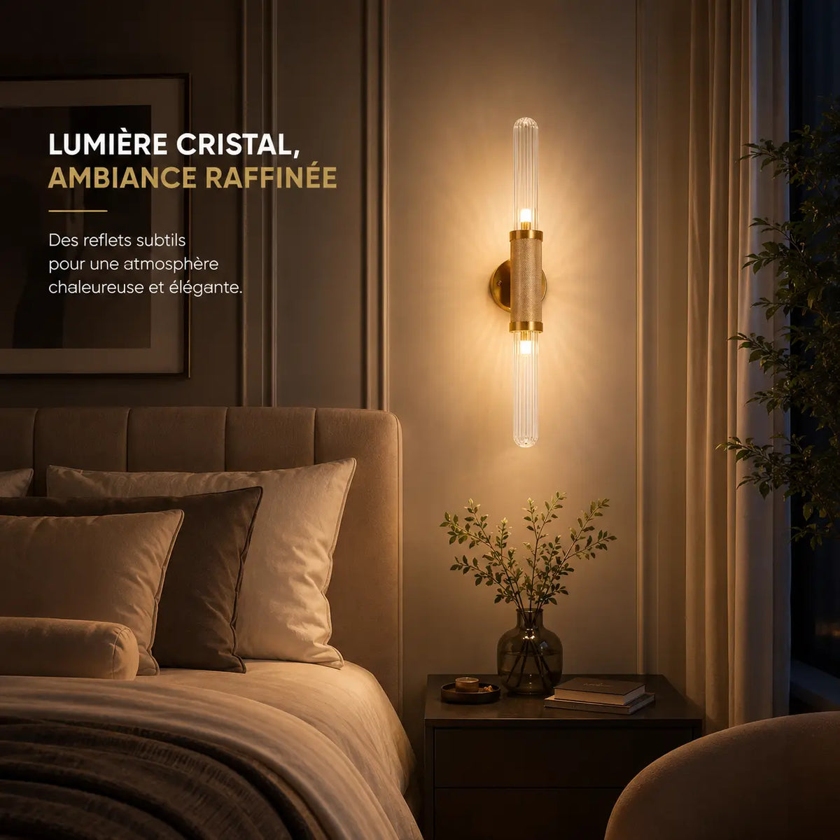 Applique murale chambre dorée effet cristal allumée dans une chambre élégante