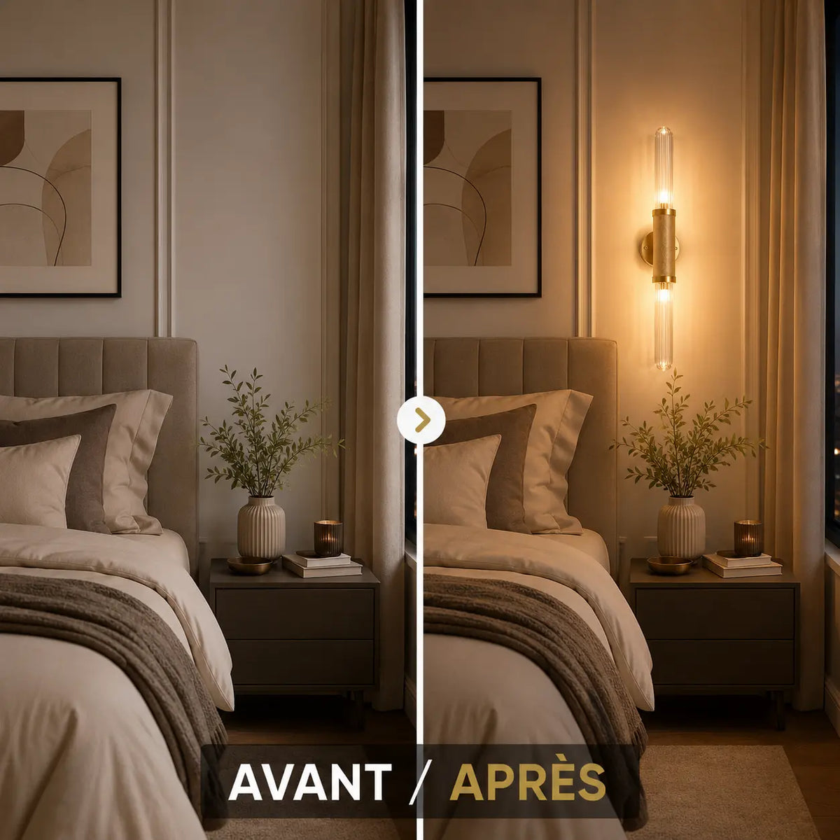 Chambre avant et après installation de l'applique murale dorée effet cristal