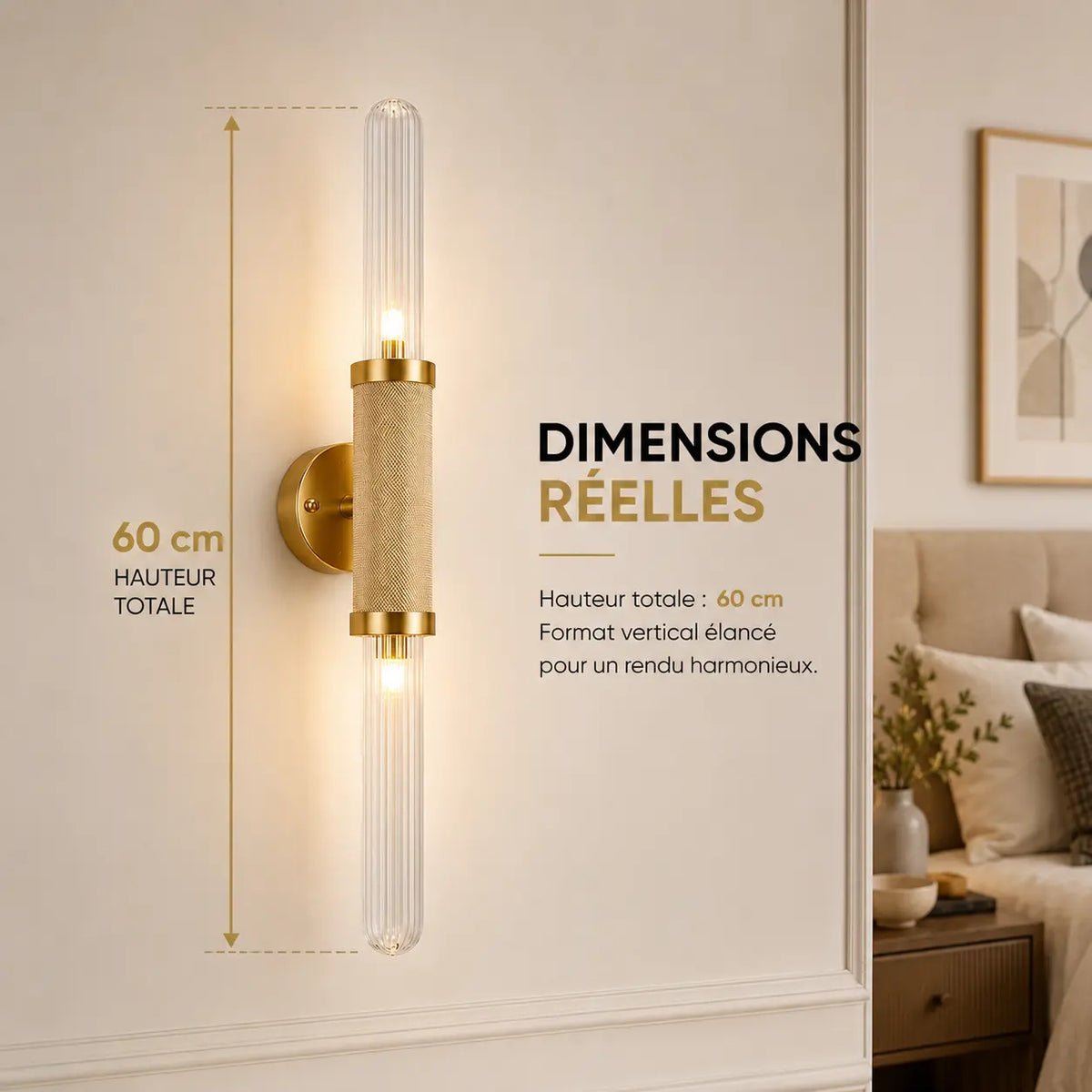 Dimensions applique murale chambre dorée : 60 centimètres