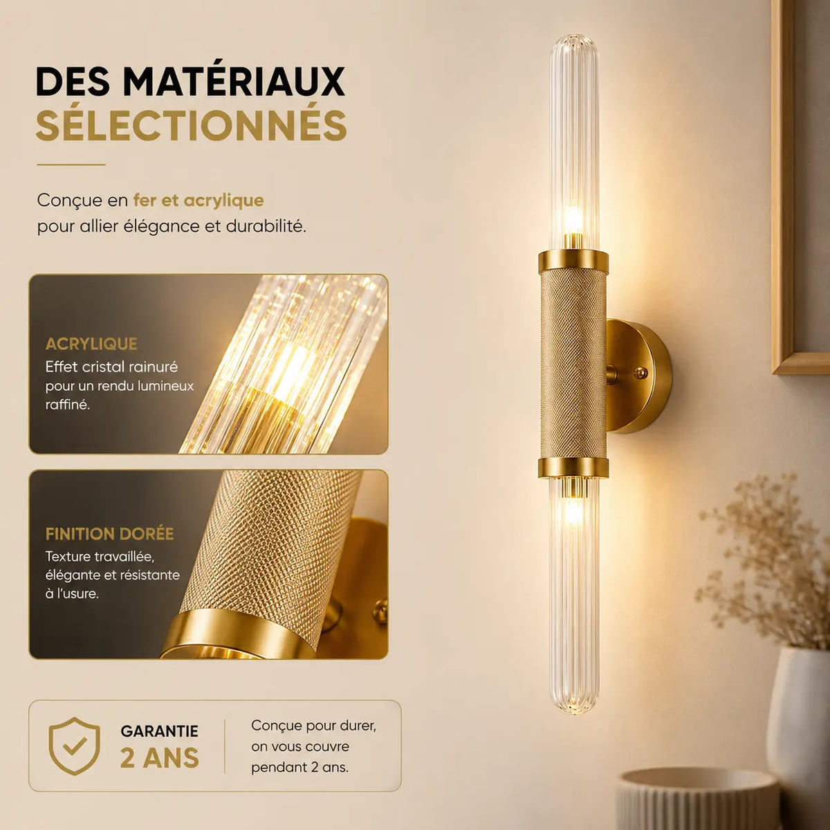 Applique murale chambre dorée effet cristal, garantie 2 ans