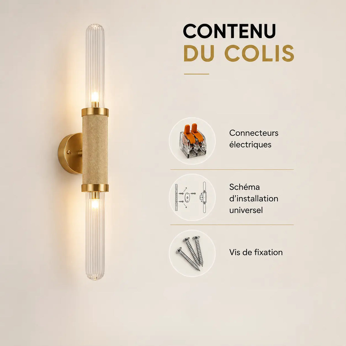 Contenu du colis applique murale chambre : connecteurs, vis et schéma