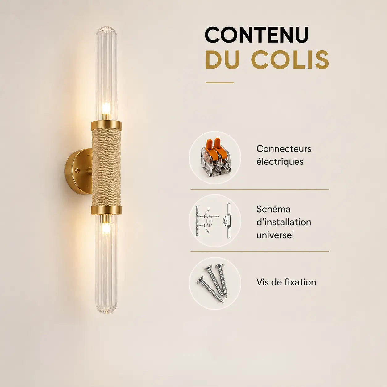 Contenu du colis applique murale chambre : connecteurs, vis et schéma