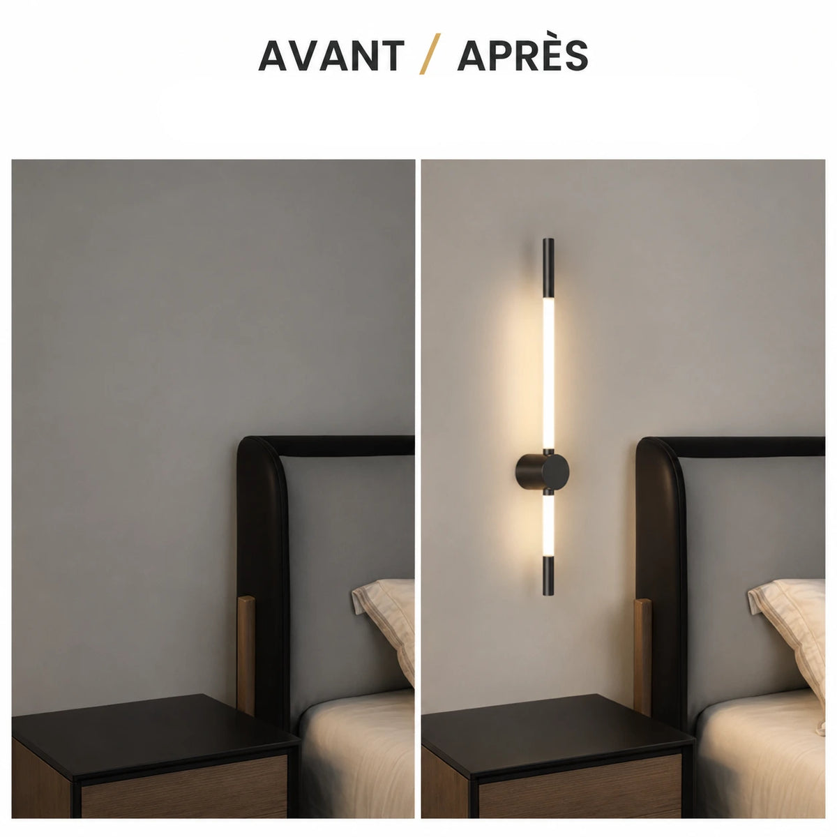 Chambre avant et après installation de l'applique murale LED linéaire