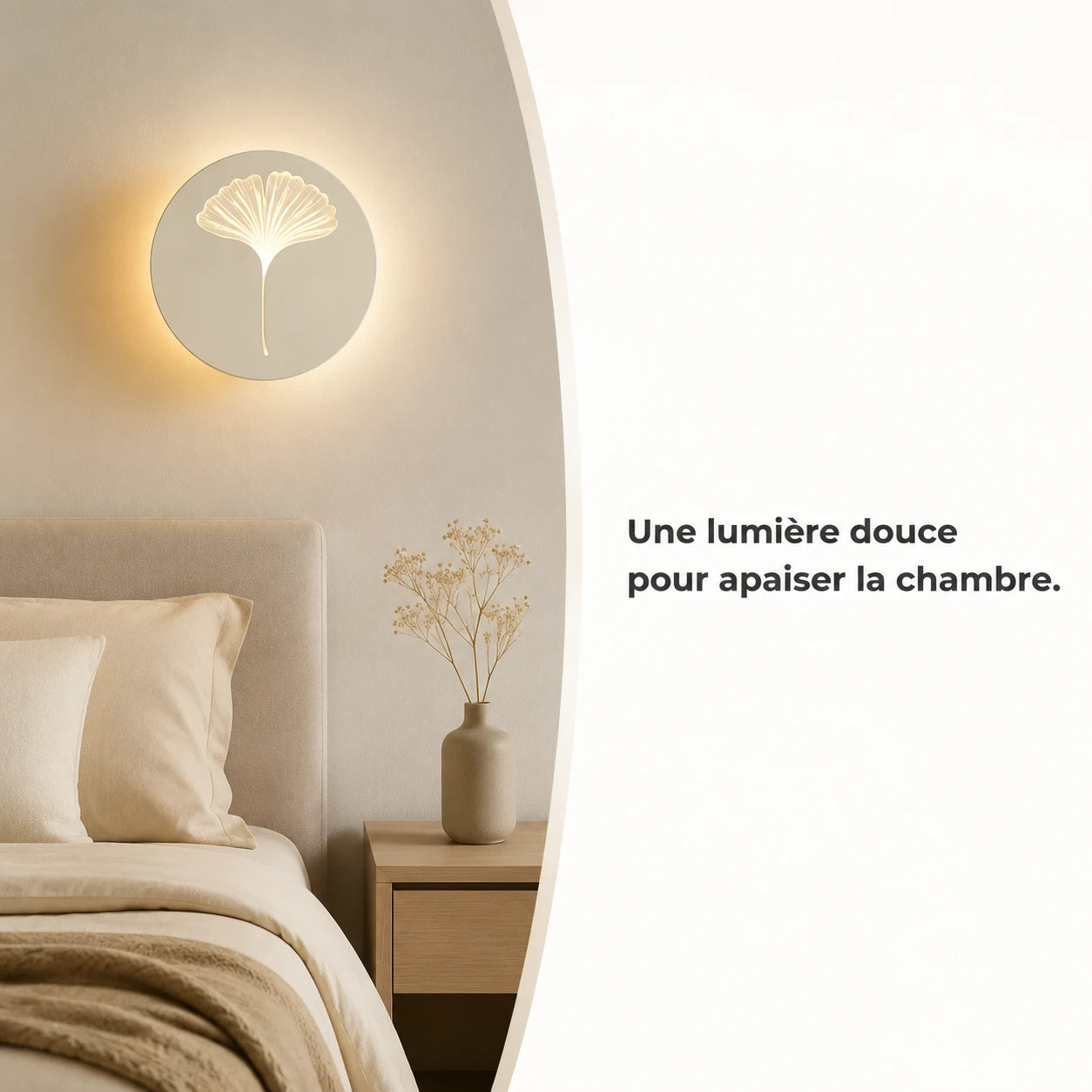 Applique murale chambre LED feuille de ginkgo blanche, lumière douce et apaisante au-dessus du lit