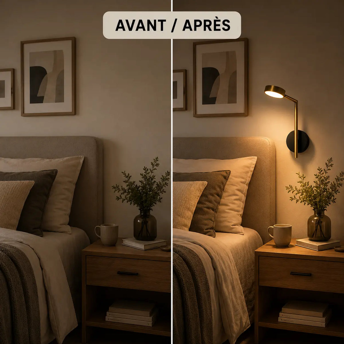 Chambre avant et après installation de l'applique murale orientable