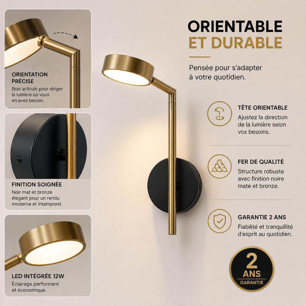Applique murale chambre orientable noir et bronze, garantie 2 ans