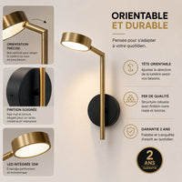 Applique murale chambre orientable noir et bronze, garantie 2 ans