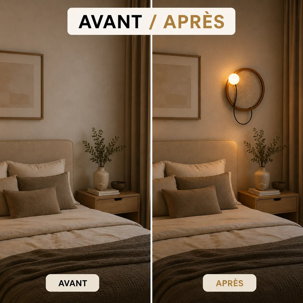Chambre avant et après installation de l'applique murale sphère lumineuse