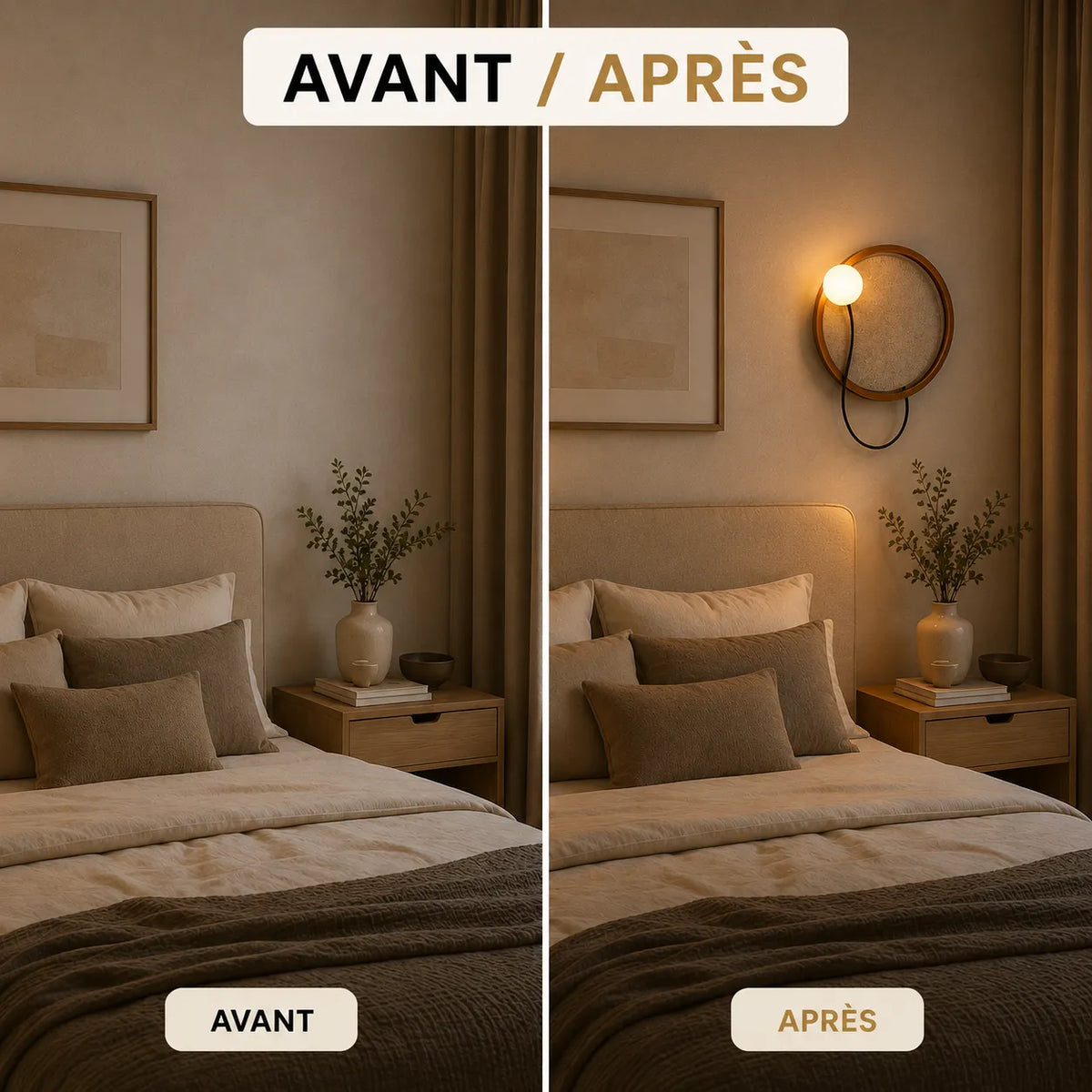 Chambre avant et après installation de l'applique murale sphère lumineuse