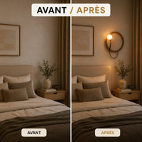 Chambre avant et après installation de l'applique murale sphère lumineuse