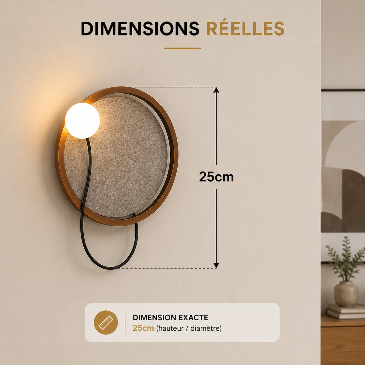 Dimensions applique murale chambre sphère : 25 centimètres