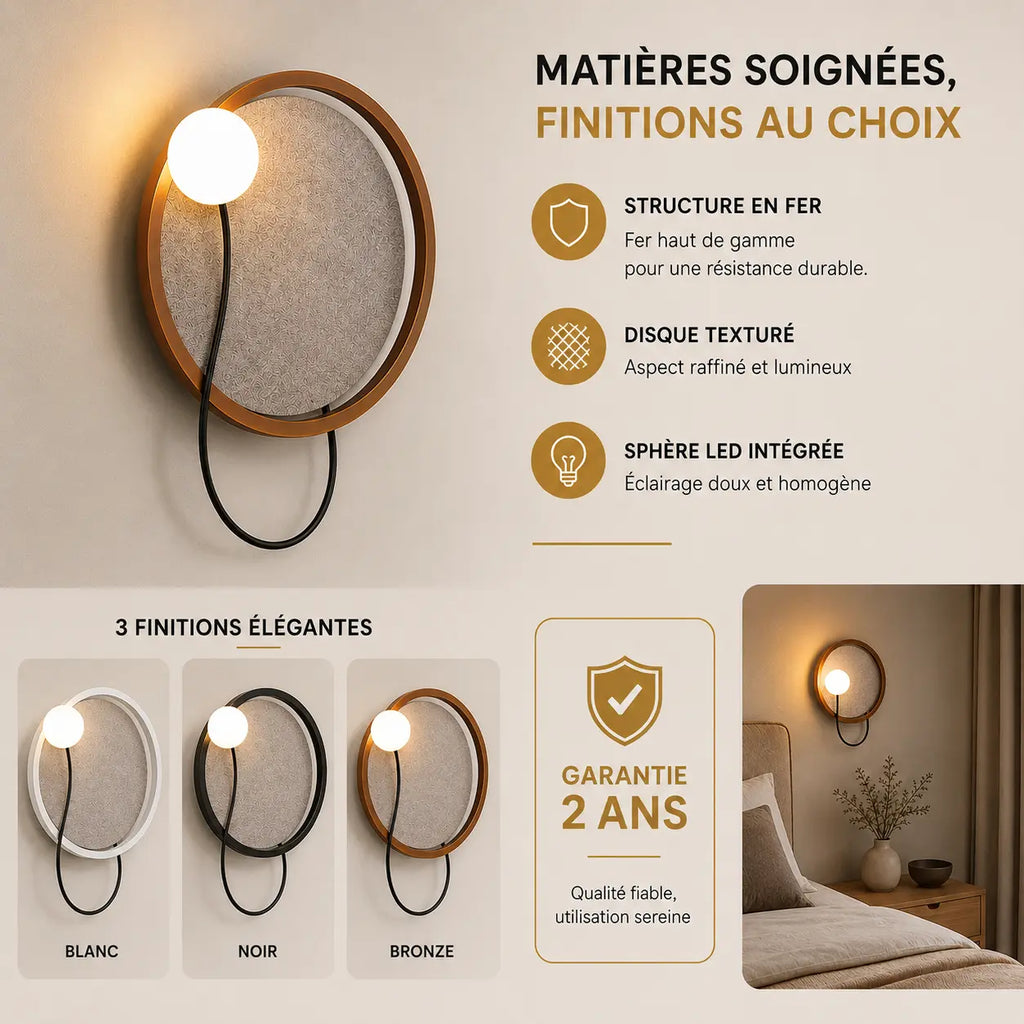 Applique murale chambre sphère en blanc, noir ou bronze, garantie 2 ans