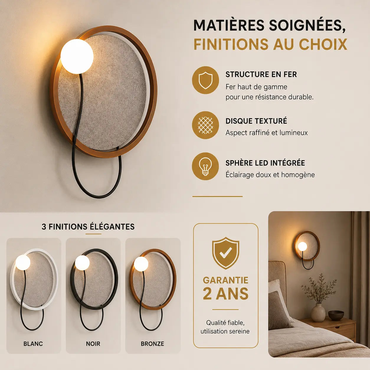 Applique murale chambre sphère en blanc, noir ou bronze, garantie 2 ans