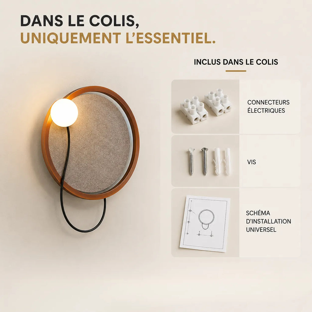 Contenu du colis applique murale chambre : connecteurs, vis et schéma