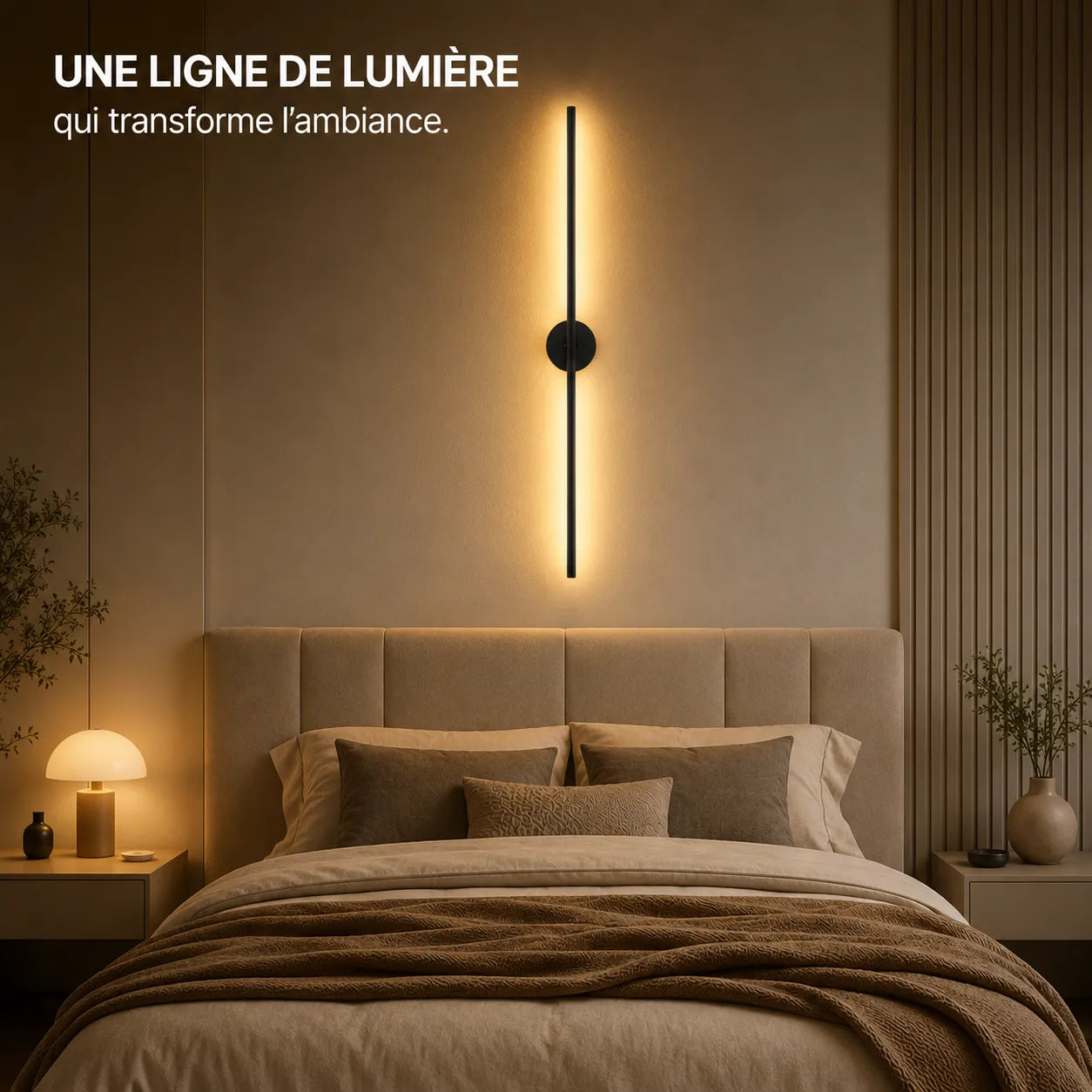 Applique murale chambre trait de lumière allumée au-dessus d'une tête de lit