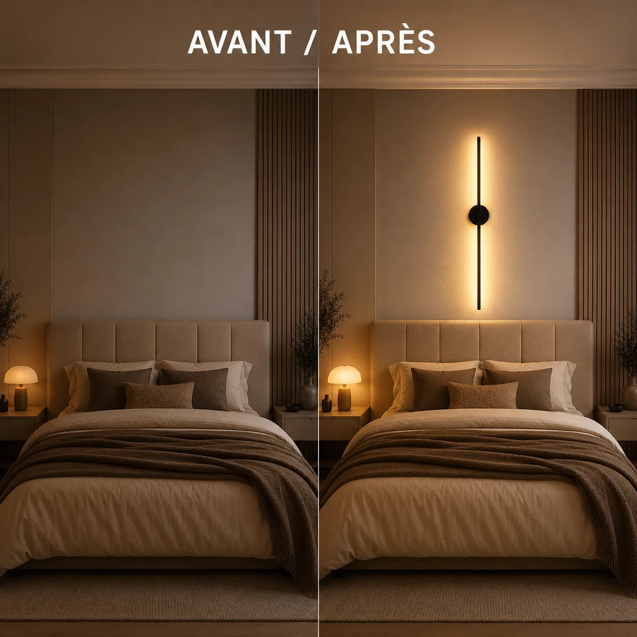Chambre avant et après installation de l'applique murale trait de lumière