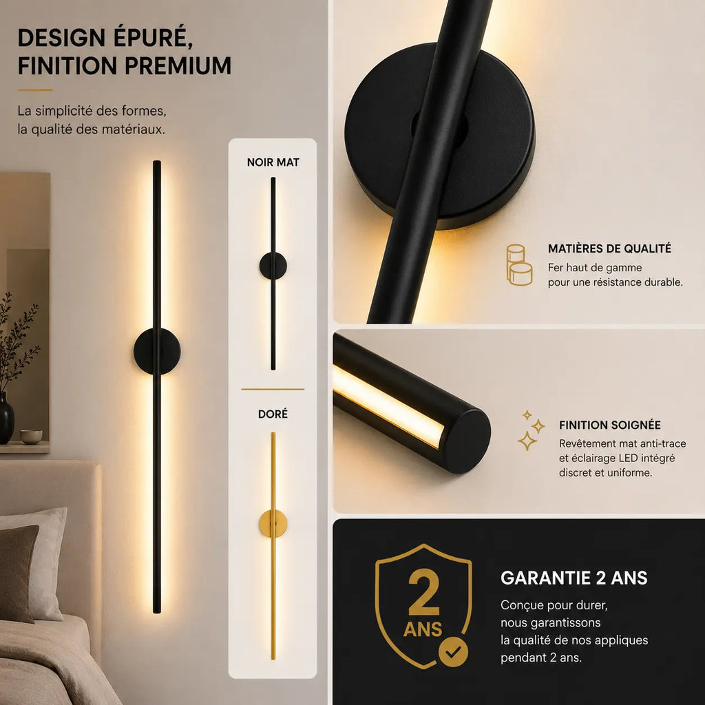Applique murale chambre trait de lumière noir ou doré, garantie 2 ans