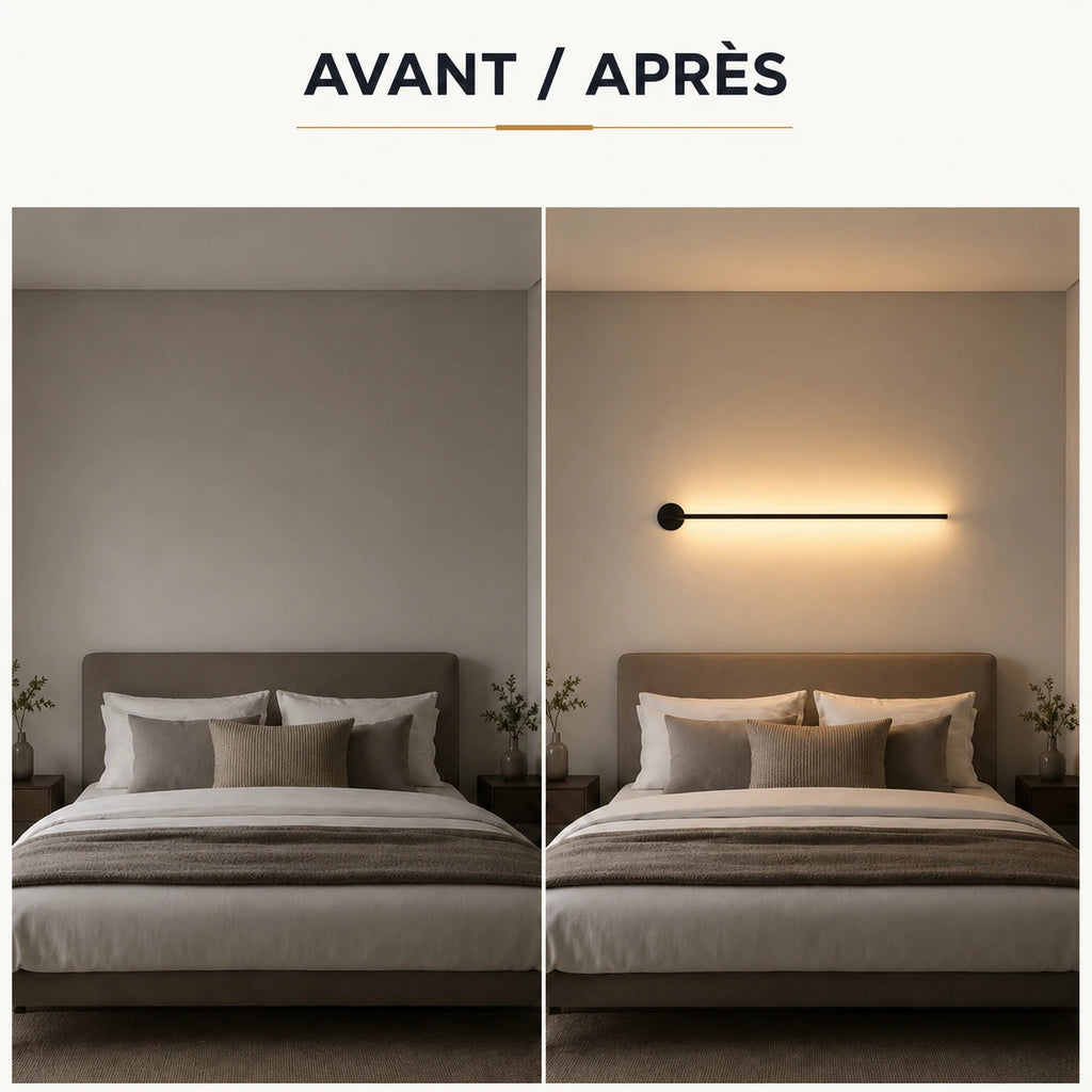 Chambre avant et après installation de l'applique murale chambre LED linéaire
