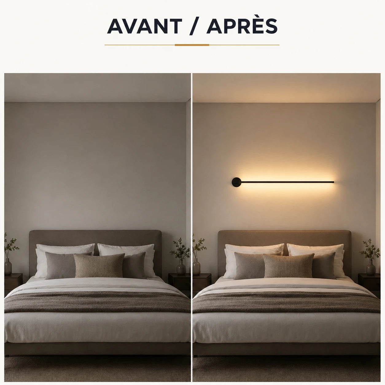 Chambre avant et après installation de l'applique murale chambre LED linéaire