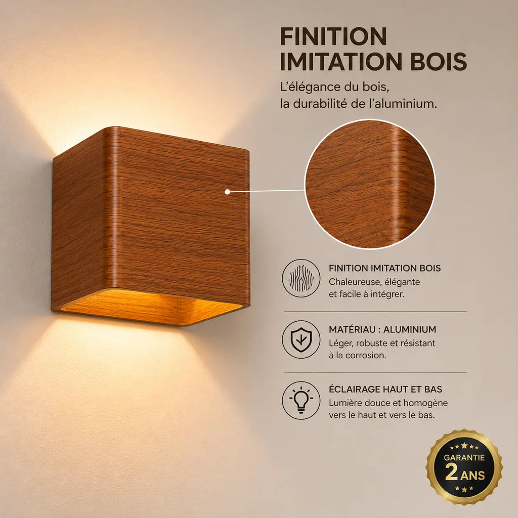Applique murale aluminium finition bois, garantie 2 ans