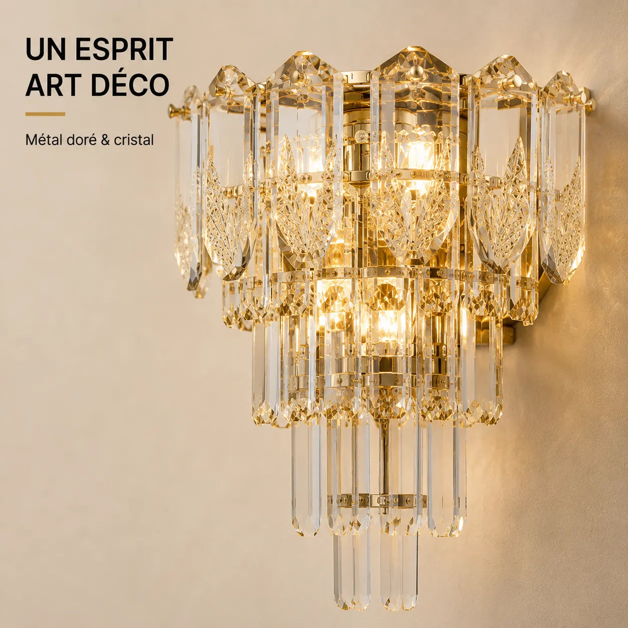 Détail du métal doré et du cristal de l'applique murale Art déco