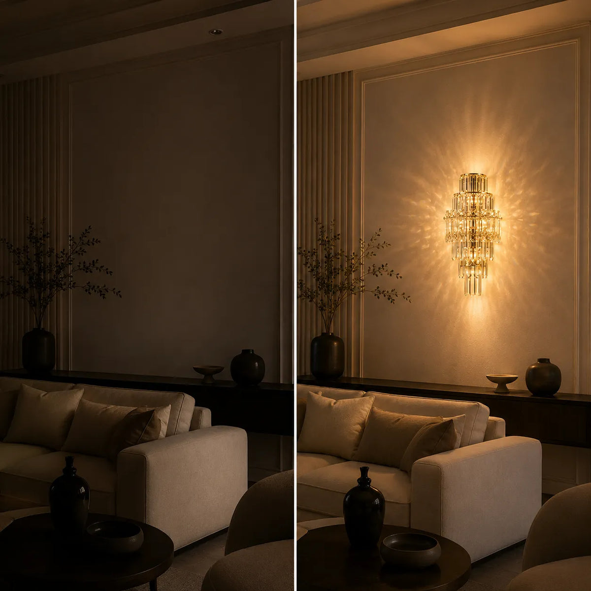 Avant et après installation d'une applique murale dorée en cristal dans un salon
