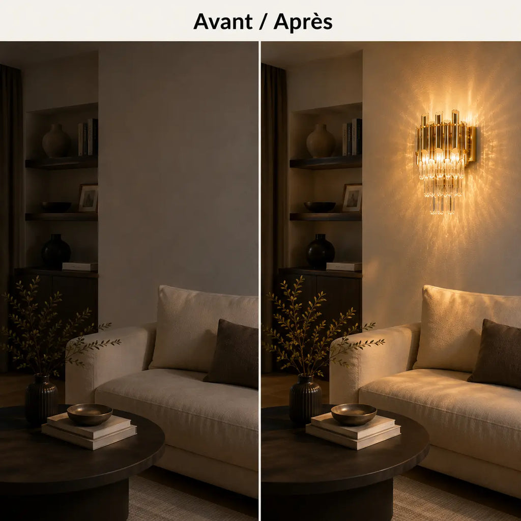 Avant et après installation d'une applique murale dorée en cristal à pampilles dans un intérieur
