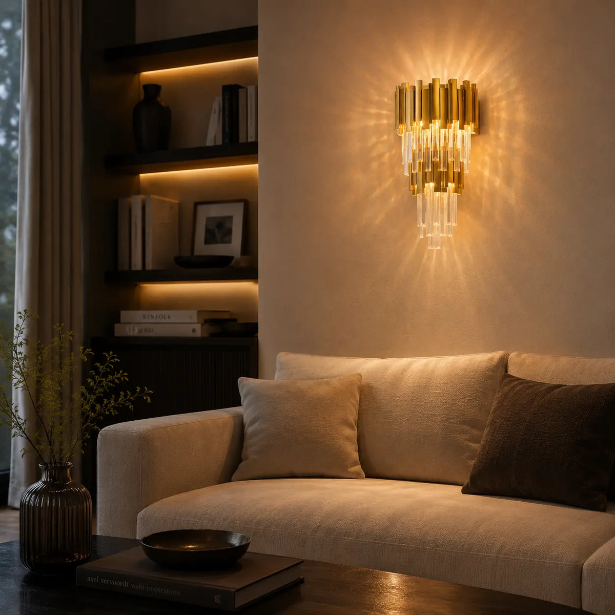 Applique murale dorée en cristal installée dans un salon contemporain
