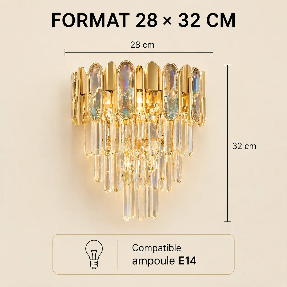 Dimensions 28 × 32 cm de l'applique murale dorée compatible E14
